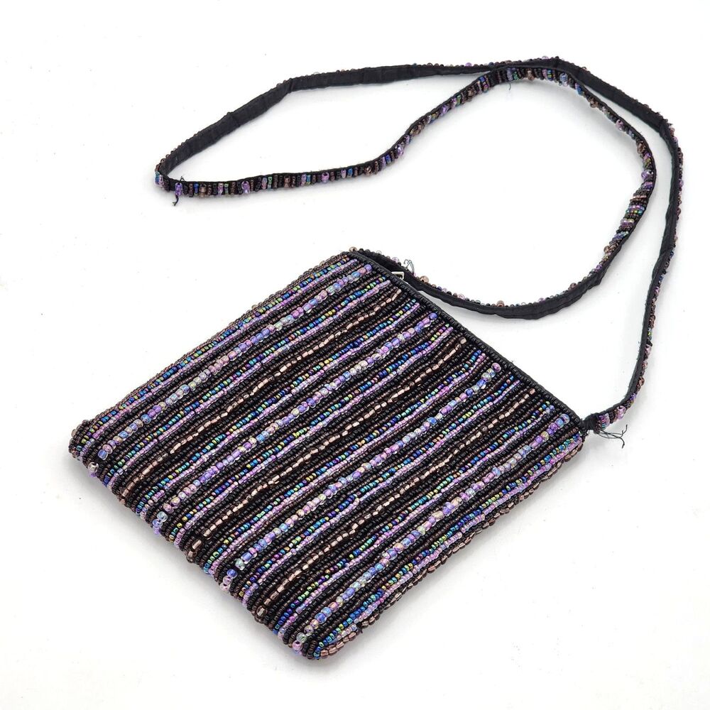 Vintage Y2K 90s Small Allover Beaded Flat Pouch Bag Mini Bag Black Purple Blue